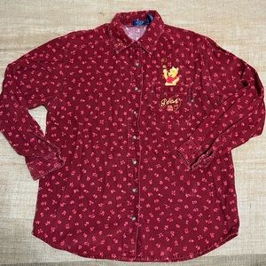Vintage Disney Winnie the Pooh Embroider Floral Corduroy Shirt Maroon Pink - W S